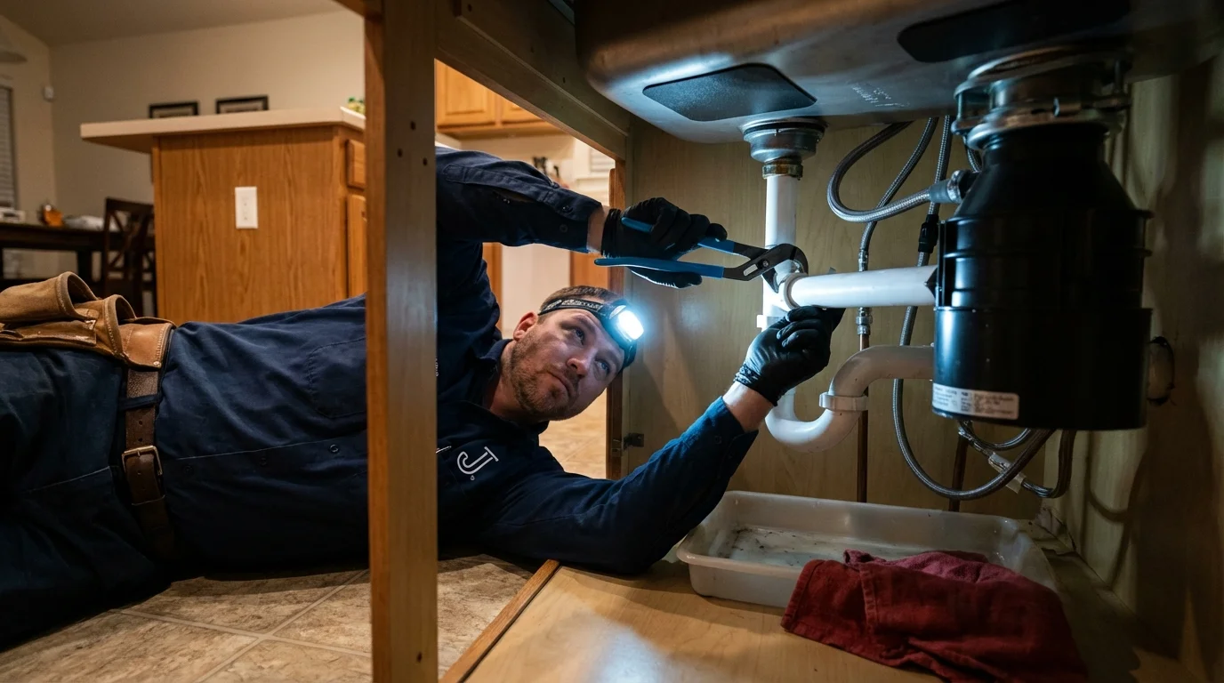 P-trap and supply line connections under a kitchen sink showing a common leak point in Harvey, LA